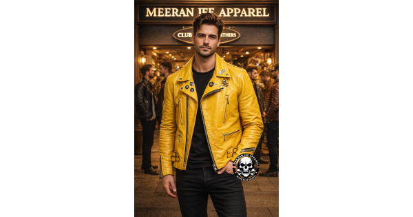 Men's Yellow Vintage Cowhide Leather Motorcycle Jacket | Meeran